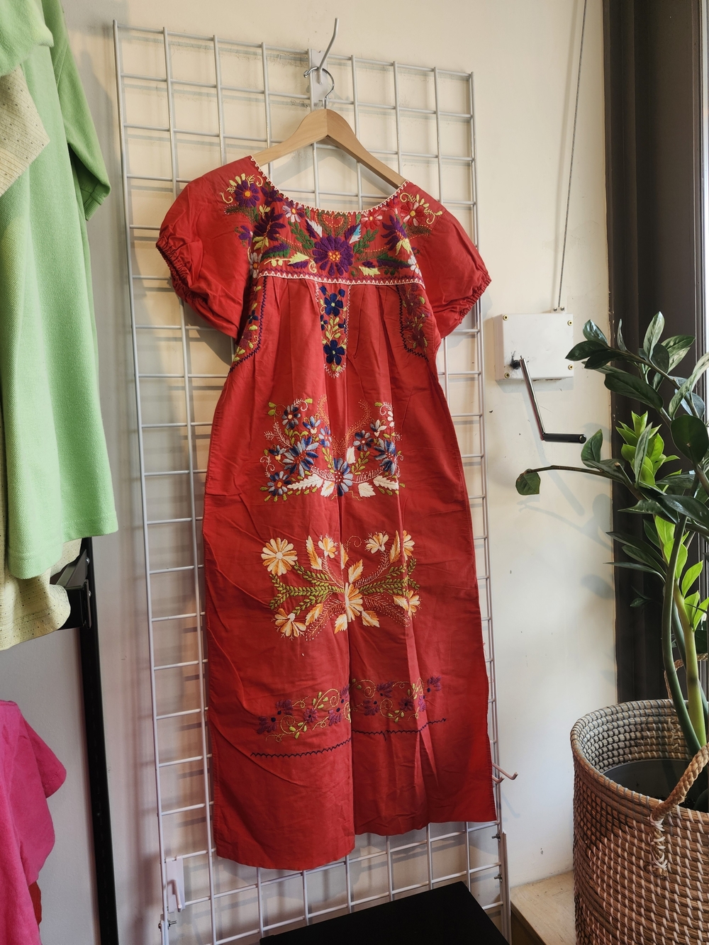 Vintage Red Embroidered Maxi Dress with Multicolor Floral Motifs